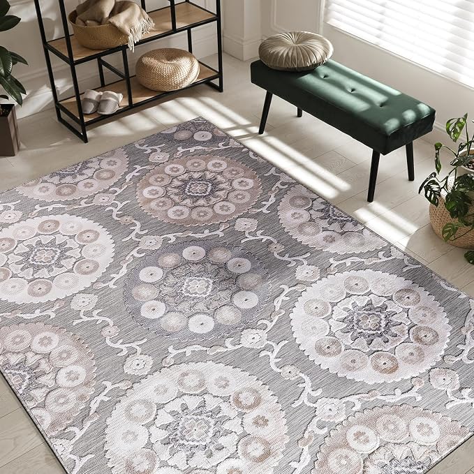 CAMILSON Indoor Outdoor Rug 5x7 Bohemian Medallion Floral Area Rugs - Image 3