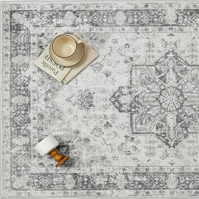 Gray 8x10 Area Rug Washable Vintage Living Room Carpet Non Slip Retro - Image 5