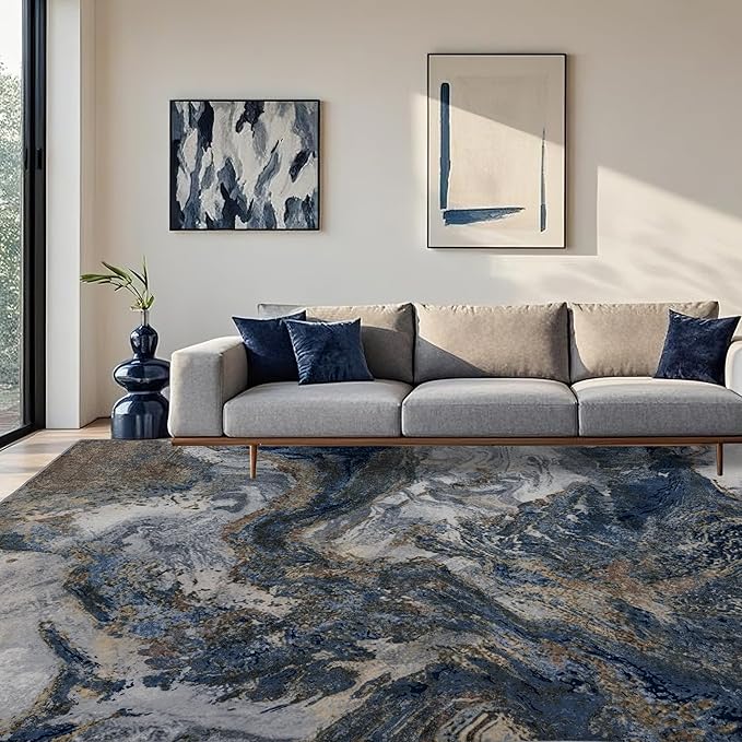 Modern Washable Rug for Living Room: Abstract 9x12 Area Rugs for Bedroom Low - Image 3