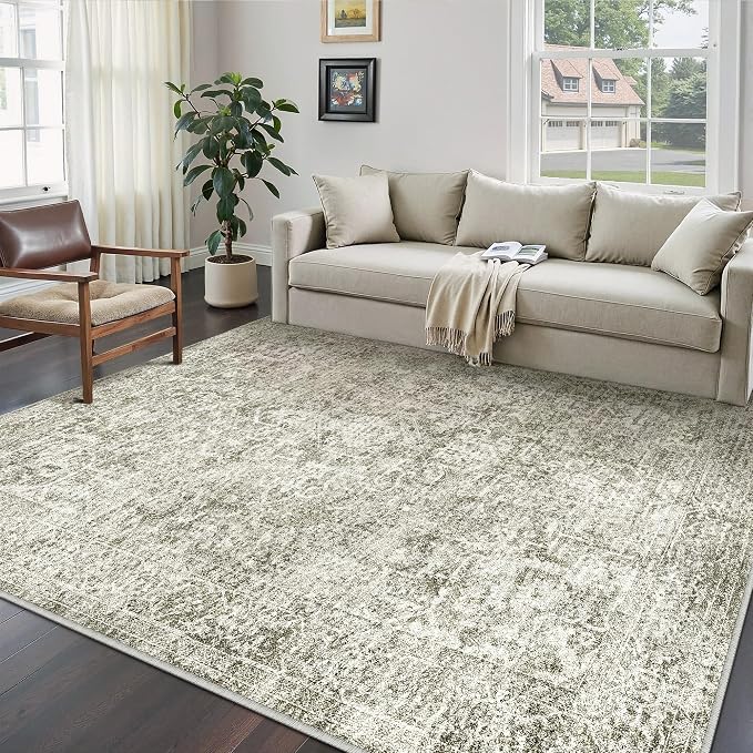 5x7 Area Rug Washable Vintage Neutral Living Room Carpet Large Indoor Non Slip by PureCozy