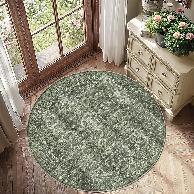 4ft Round Washable Area Rugs for Living Room, Vintage Boho Large Rug for - Image 4