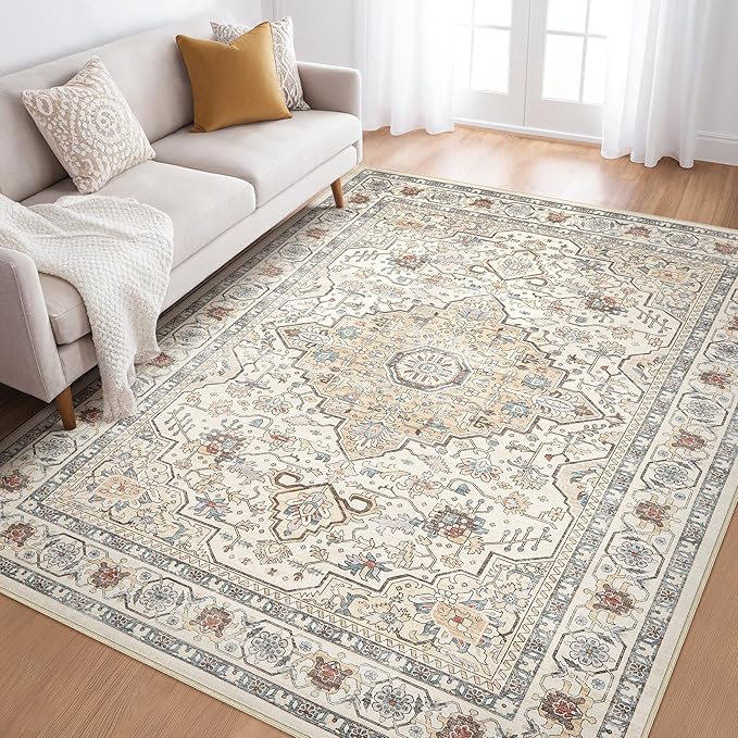 6x9 Area Rugs Living Room: Washable Boho Large Neutral Vintage Soft Rug Stain by LOONGRUG