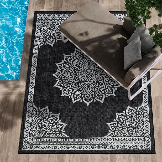 CAMILSON Outdoor Rug, 9x12 Medallion Black White Modern Area Rugs - Image 9