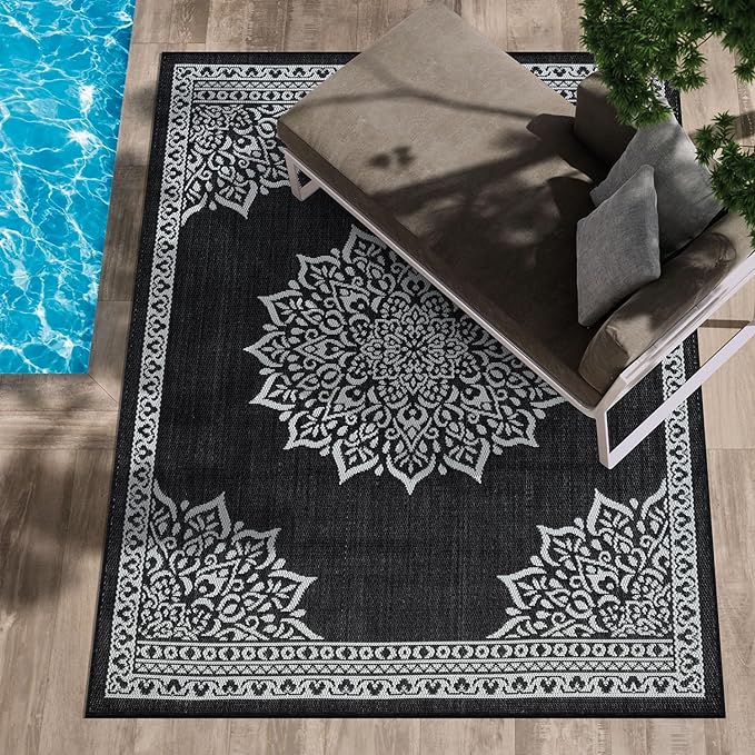 CAMILSON Outdoor Rug, 5x7 Medallion Black White Modern Area Rugs by CAMILSONIndoorOutdoorAreaRugs