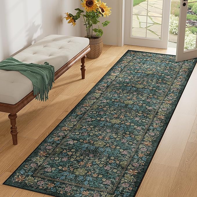 DUKINO 2.6x8 Runner Rug for Hallway, Washable Vintage Floral Kitchen Rug - Image 2