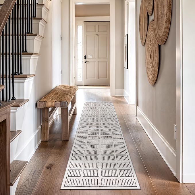 Rugshop Bohemian Stripe Lines Washable Non Slip Runner Rug 2' x 8' Ivory by Rugshop