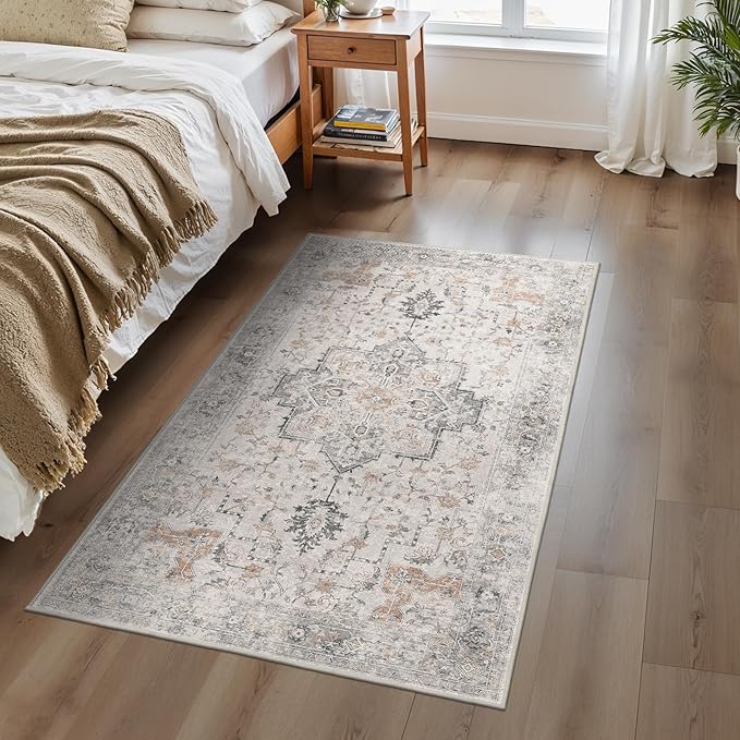 3x5 Area Rugs for Living Room, Machine Washable Non Slip Vintage Rugs, Low Pile by BESBLEE