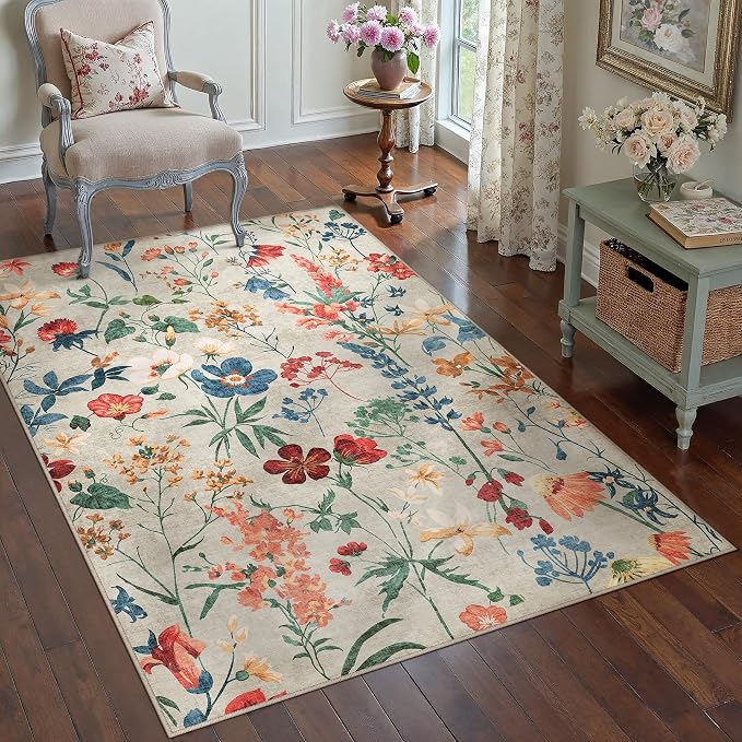 Beige Area Rug 3x5 Office Floral Boho Door Mat Indoor Washable Kitchen Carpet by PureCozy