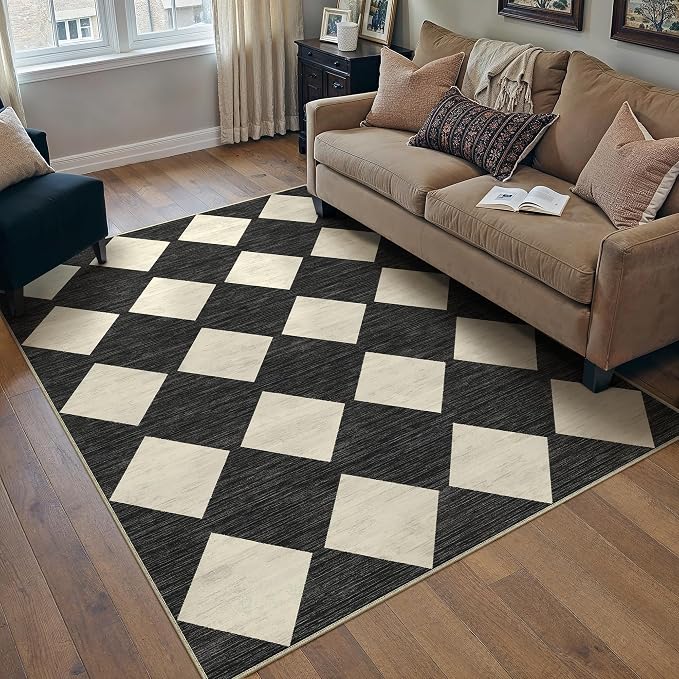 3x5 Checkered Area Rugs for Living Room Black Machine Washable Large Rug - Image 3
