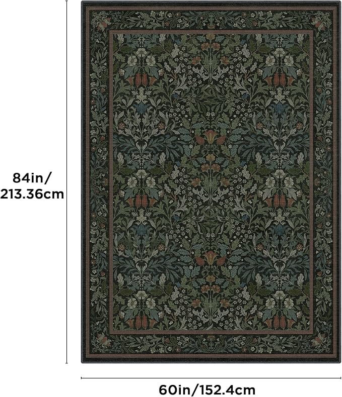 Bavni Floral Dark Green Area Rugs 5x7, Vintage Boho Carpet Machine Washable - Image 2