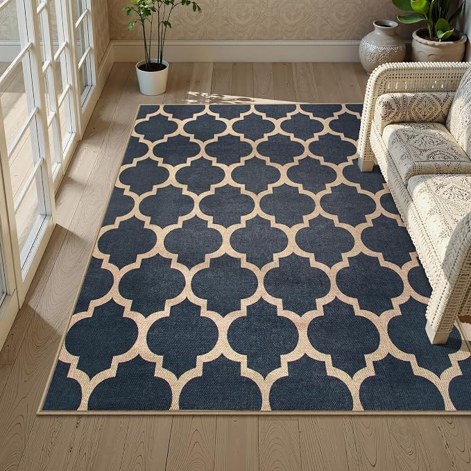 Lahome Moroccan Outdoor Rug 5x7, Easy Jute Blue Washable Rugs by Lahome