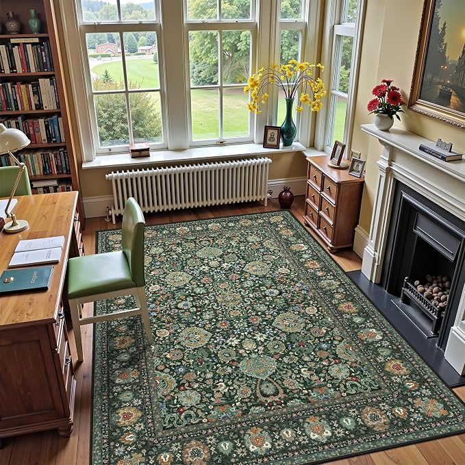 Dark Green Floral Living Room Rug 5x7 Washable Rugs Boho Vintage Oriental Large - Image 3