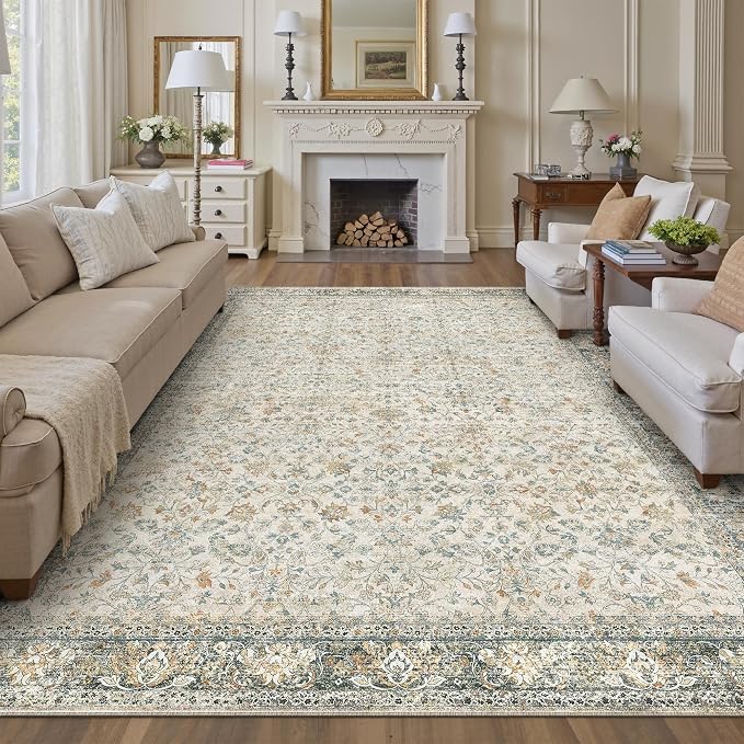 Beige Area Rug 8x10 Living Room Machine Washable Vintage Carpet Non Slip Indoor by PureCozy