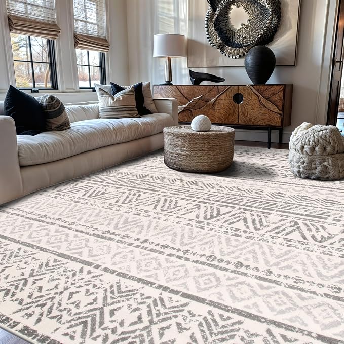 Rugshop Geometric Boho Large Area Rug – Gray Tribal Pattern, Dining Room by Rugshop