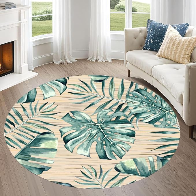 Tropical Leaf Round Area Rug 4ft by Unknown