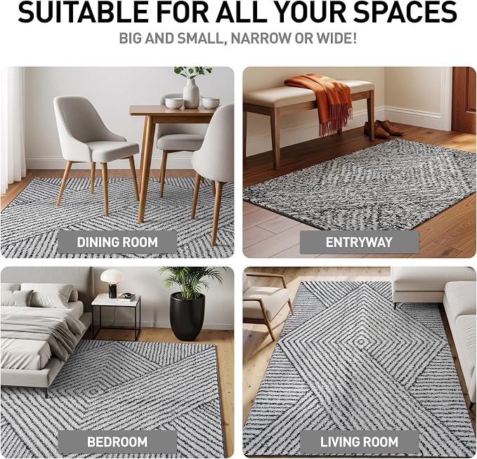 Rugshop Geometric Diamond Stripe Shag Area Rug White 7' 10" x 10' Perfect - Image 3
