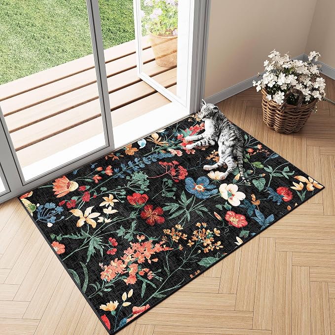 Black Area Rug 2x3 Entryway Floral Boho Door Mat Indoor Washable Kitchen Carpet - Image 9