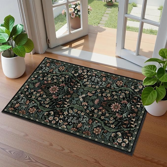 Floral 2x3 Entryway Rug, Washable Front Door Mat Indoor Non Slip Low Pile Small by NakedCloud