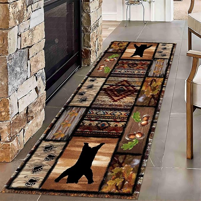 Wild Animal Bear Long Runner Rug, Animal Bear and Plant Pine Cone Autumn Leaf - Image 2