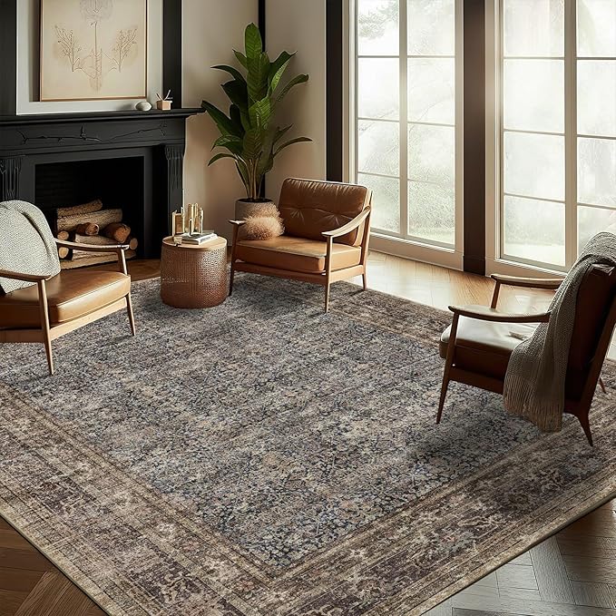 Washable Area Rug 9'x12' Retro Boho Design Non-Shedding Easy Care Ideal by CHAMPLANT
