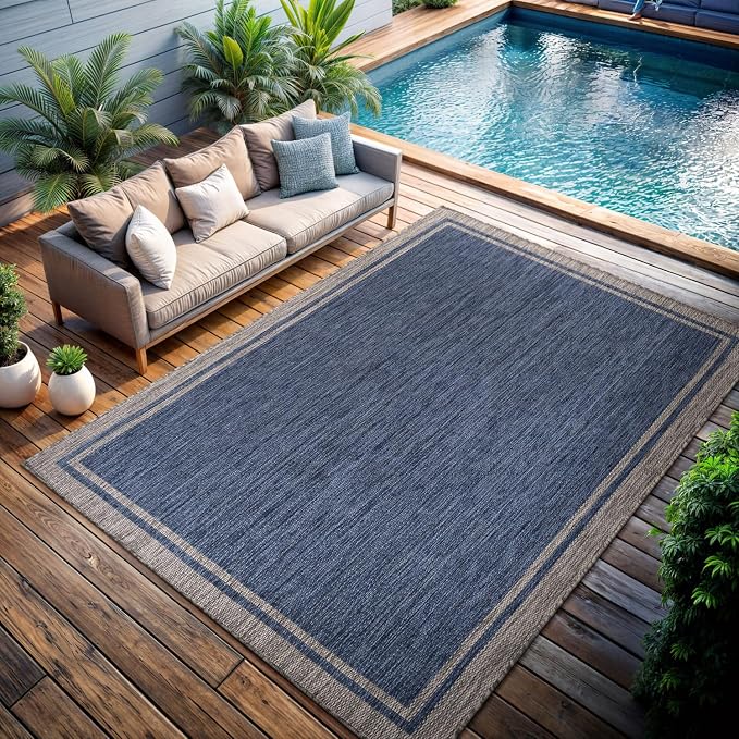 CAMILSON Outdoor Rug, 9x12 Bordered Navy Blue Gray Modern Large Area Rugs - Image 6