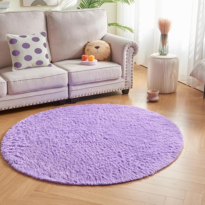 Andency Purple Round Area Rug for Bedroom, Shag Circle Rug 4'X4' for Room - Image 3