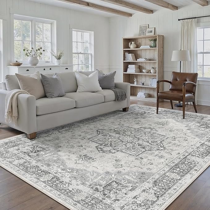 Gray 8x10 Area Rug Washable Vintage Living Room Carpet Non Slip Retro - Image 4
