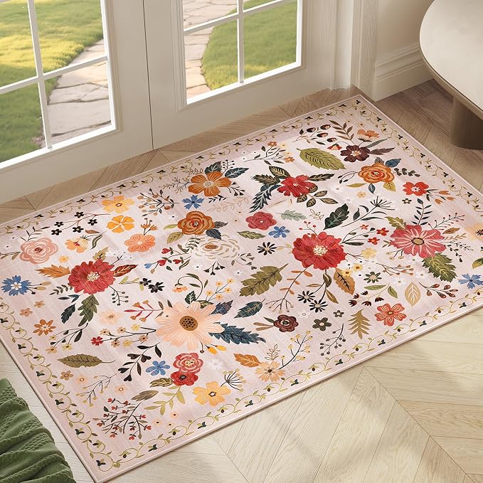 2x3 Washable Rug for Entryway, Floral Soft Small Area Rug, Non Slip Doormat by ARKIIKI