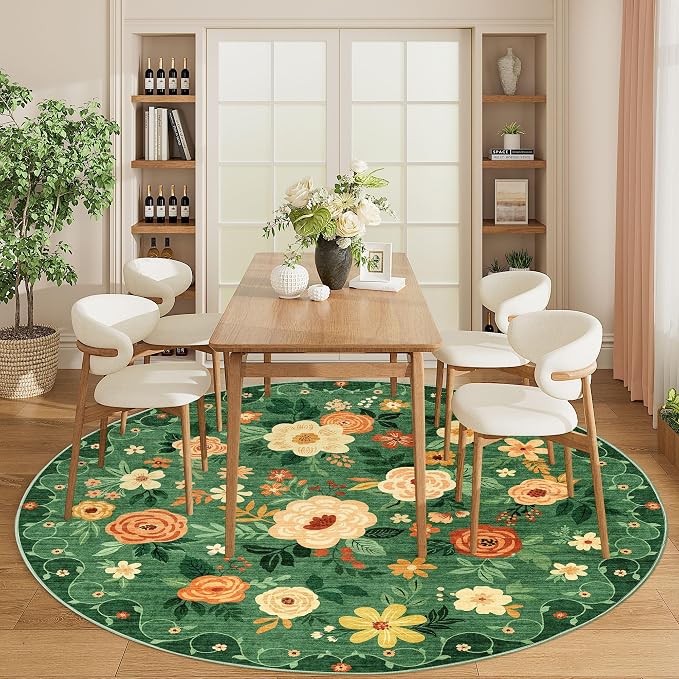 DUKINO Floral Round Rug, 6ft Washable Circle Rug, Non Slip Indoor Low Pile - Image 3