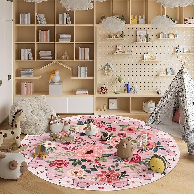 DUKINO Floral Round Rug, 6ft Washable Circle Rug, Non Slip Indoor Low Pile - Image 3