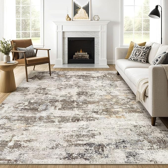 7x9 Area Rug Living Room: Washable Large Abstract Neutral Modern Soft Rugs by LOONGRUG