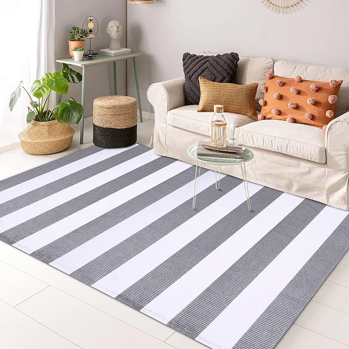 KOZYFLY Striped Outdoor Rug 3x5 Ft Front Door Rug Gray and White Hand Woven - Image 3