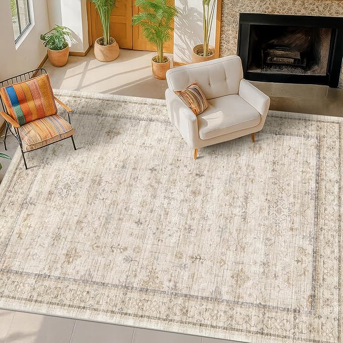 Washable Ivory 5x7 Rug for Bedroom, Home Office, Non Slip Dinning Rugs for by HazoHaus