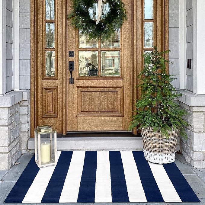 KOZYFLY Striped Outdoor Rug 27.5x43 Inches Front Door Rug Navy and White Woven by KOZYFLY