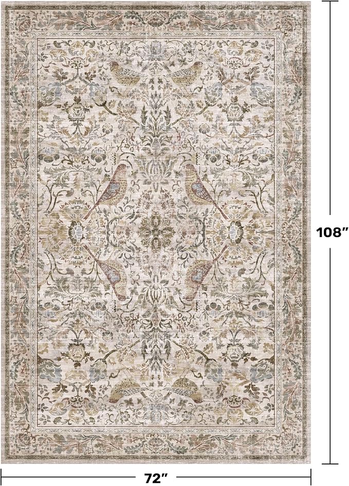 Moss Washable Dining Room Rug, 6x9 Floral Area Rug - Image 2