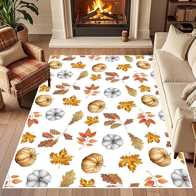 Pumpkin Area Rug, Fun Vibrant Autumn Harvest Fallen Leaves Pumpkin Plant White by LHOMKCV