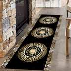 Black Gold Geometric Hallway Runner Rug, Vintage Greek Key Entryway Carpet by Unknown
