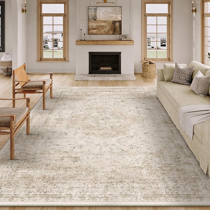 8x10 Washable Area Rug Beige Vintage Distressed Large Rug by PureCozy