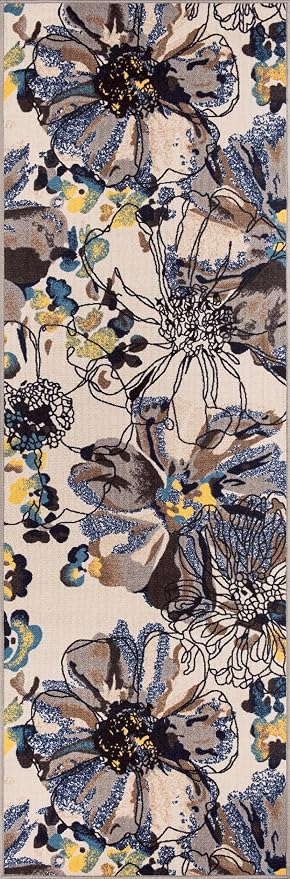 Rugshop Cream Bright Flowers Non Slip Non-Shedding Runner Rug - Image 3