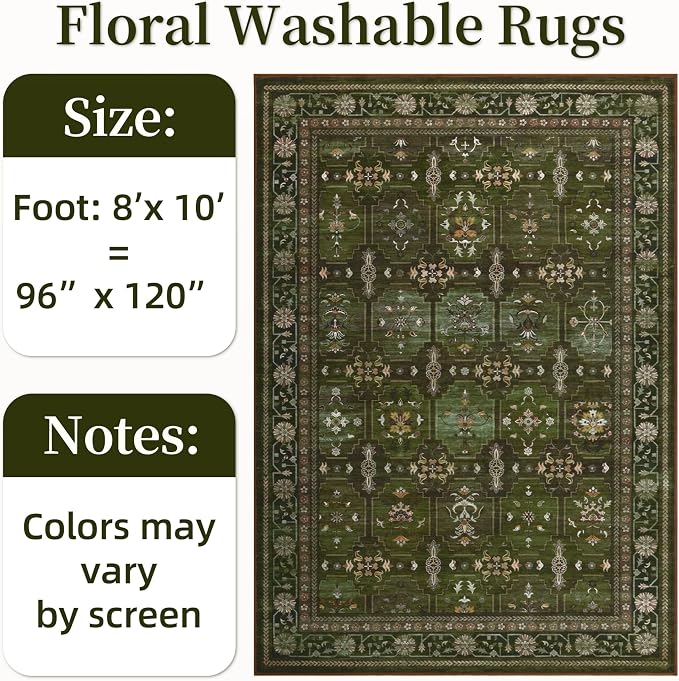 8x10 Washable Area Rug for Living Room, Non Slip Vintage Floral Print Rugs No - Image 2