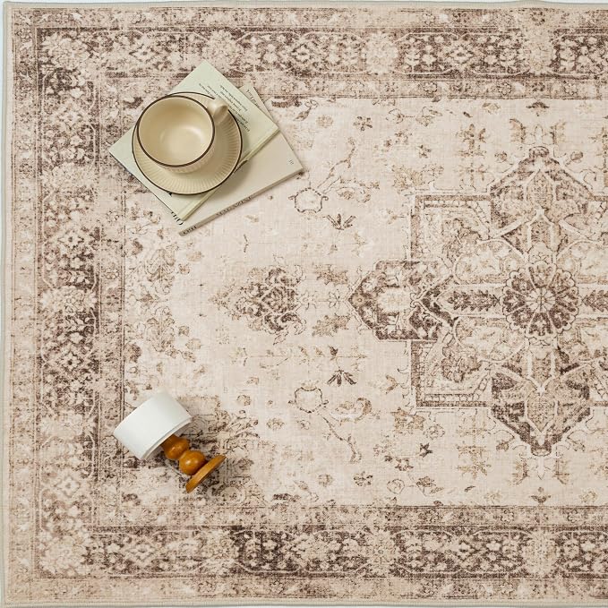 Brown 5x7 Area Rug Washable Vintage Living Room Carpet Non Slip Retro - Image 4