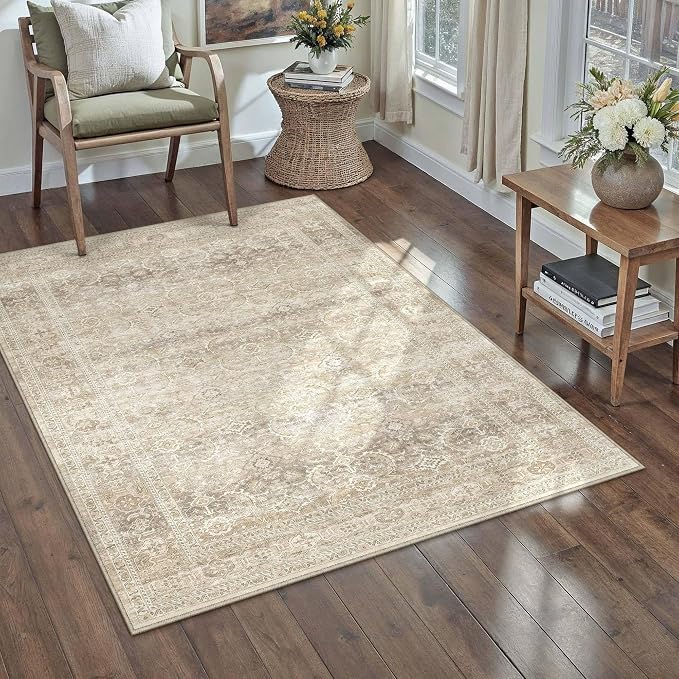 HUGEAR 3x5 Area Rug Beige Vintage Neutral Washable Bathroom Rug Soft Non Slip by HUGEAR