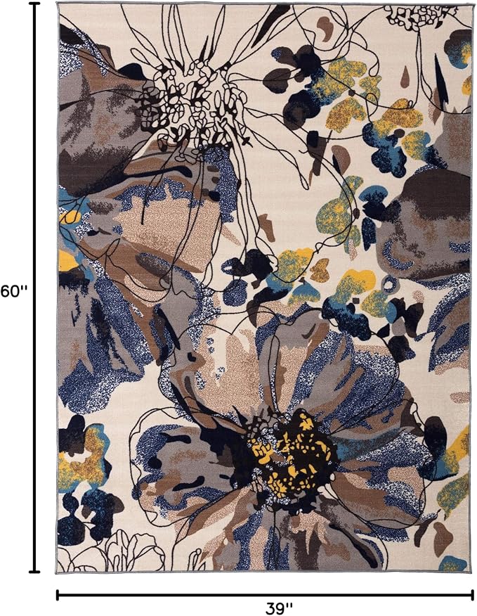 Rugshop Cream Bright Flowers Non Slip Non-Shedding Area Rug - Image 2