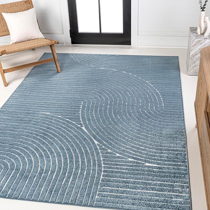JONATHAN Y Hallie High-Low Curve Dark Blue/Cream 5x8 Indoor/Outdoor Area Rug by JONATHANY