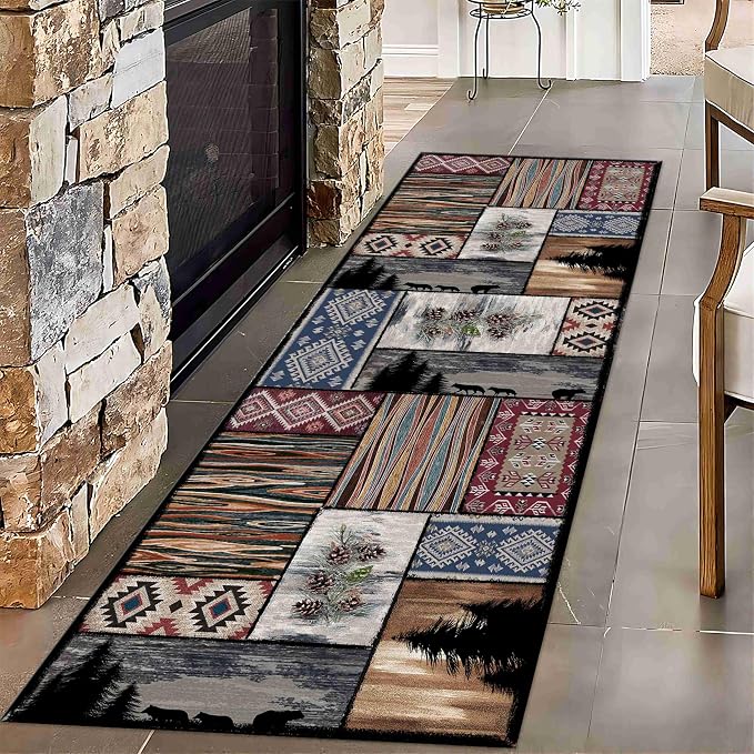 Rustic Country Woodland Animal Bear Wolf Multicolor Country Rug, Southwestern - Image 2
