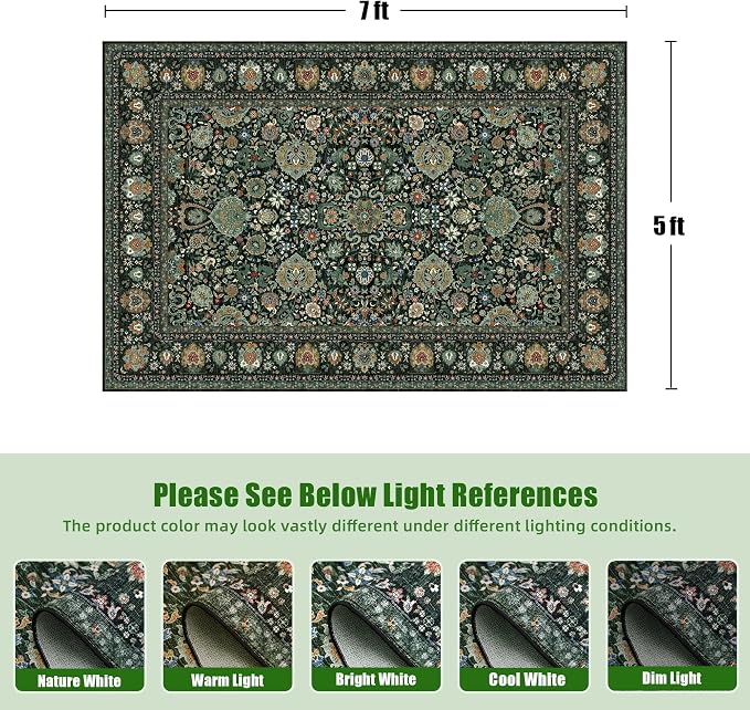Dark Green Floral Living Room Rug 5x7 Washable Rugs Boho Vintage Oriental Large - Image 2