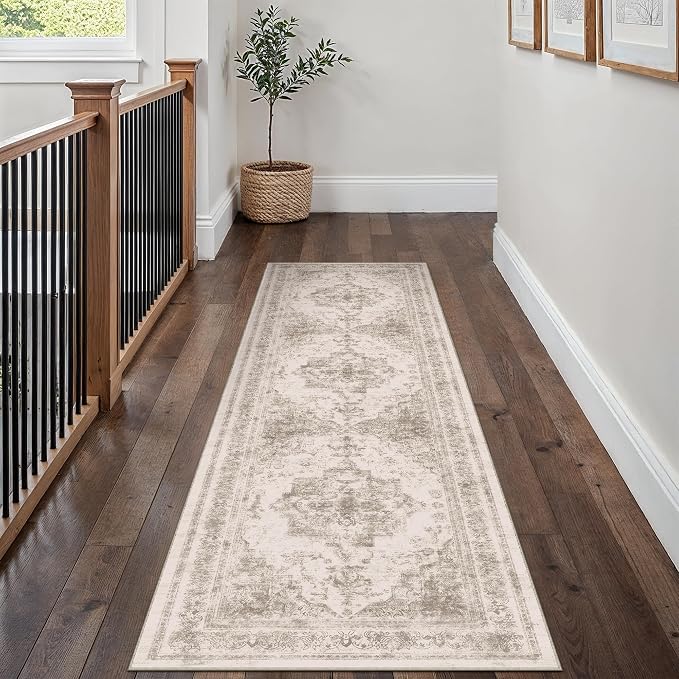 Runner Rug 2x8 Beige Hallway Washable Carpet Non Slip Vintage Medallion Carpet - Image 5