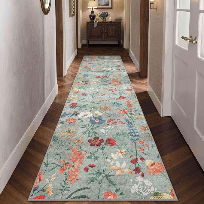 Floral Runner Rug 2x10 Washable Hallway Long Green Bedroom Carpet Non Slip - Image 7