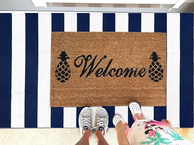 KOZYFLY Striped Outdoor Rug 3x5 Ft Front Door Rug Navy and White Hand Woven - Image 2