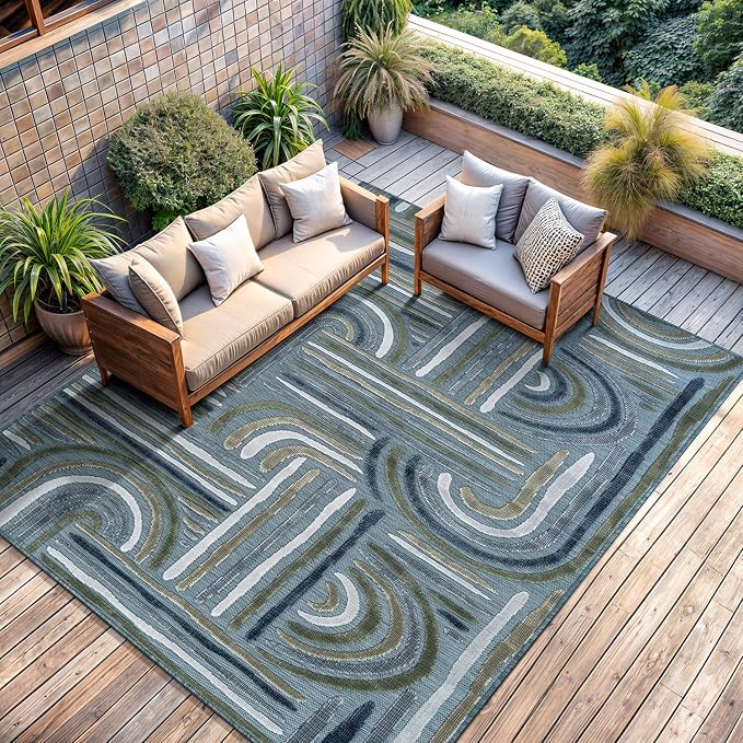 CAMILSON Indoor Outdoor Rug, Aqua 8x10 Geometric Arch Striped Area Rugs - Image 4